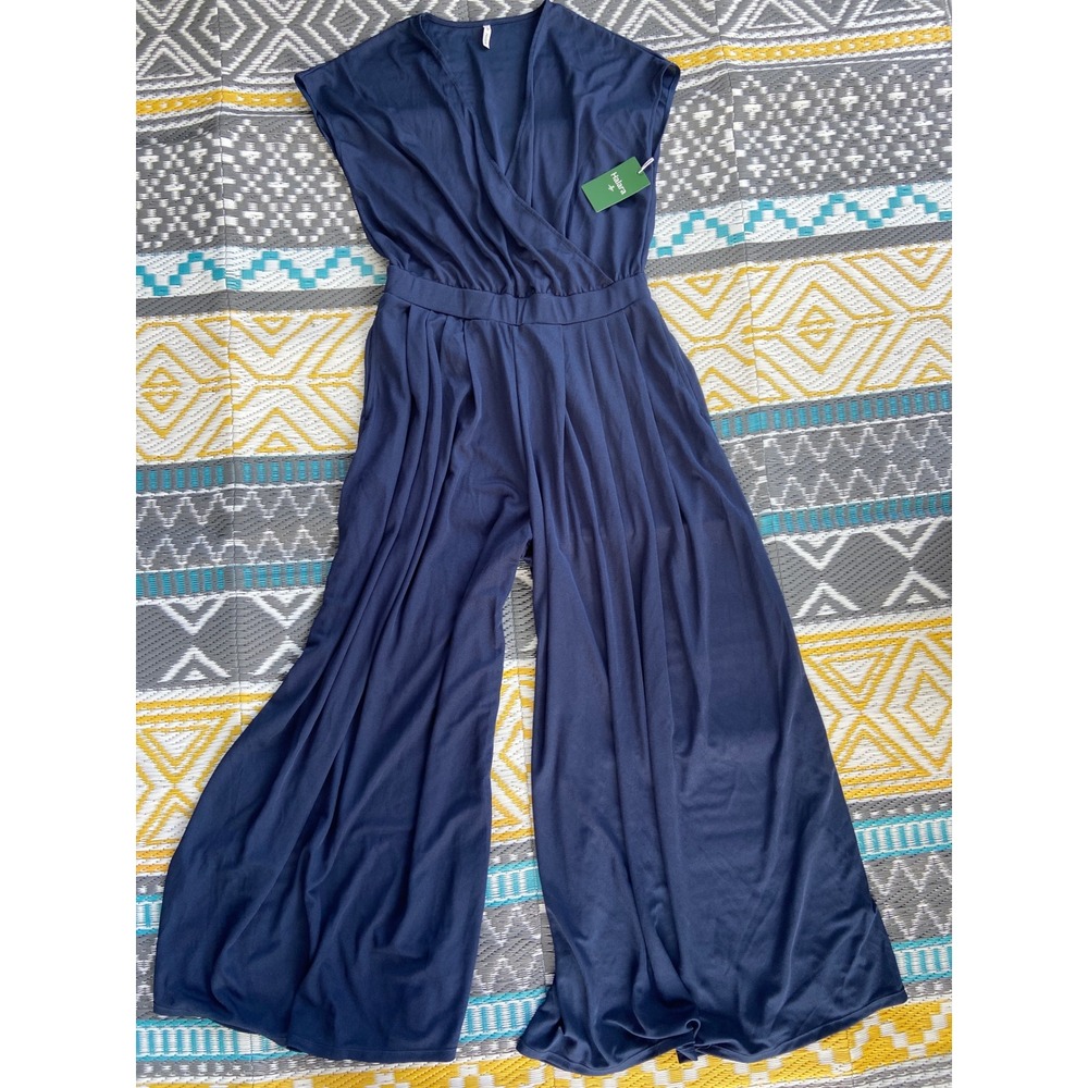 Halara Navy Blue Waffle Knit Wide Leg Jumpsuit V-Neck Sleeveless Athleisure L